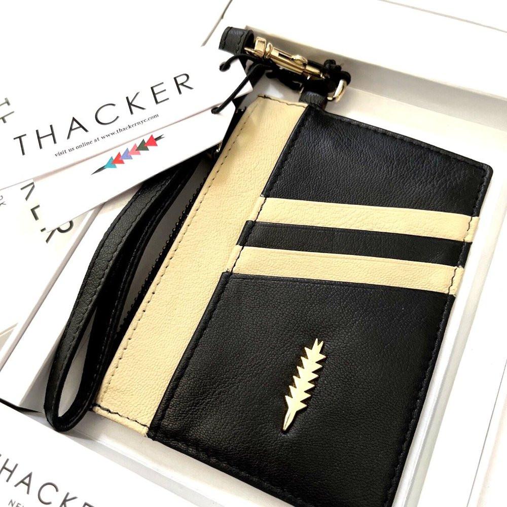 NWT THACKER Amber Genuine Leather Card Wallet Wristlet Black Ivory Gold Logo Box